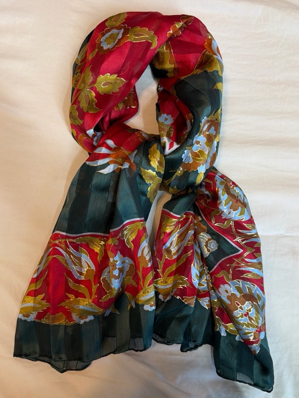 Vakko Red and Green Floral Silk Scarf